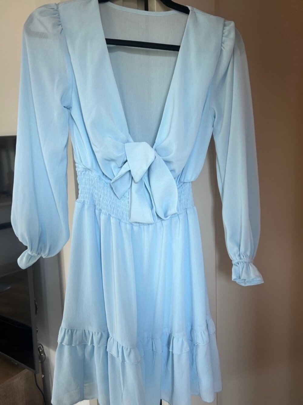 Light Blue Tie-Front Long Sleeve Dress